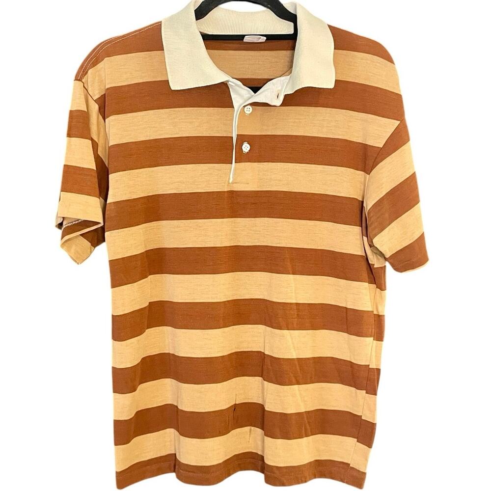 Vintage 70s Tan and Brown Striped Custom Casual Single Stitch Polo Shirt Medium